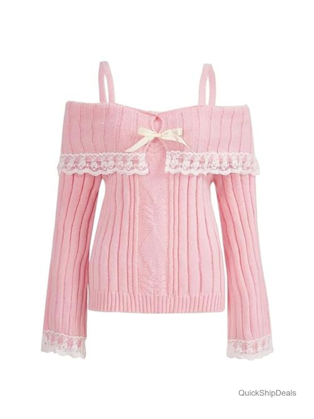 Off Shoulder Lace Trim Knit Pullover Sweater Long Sleeve